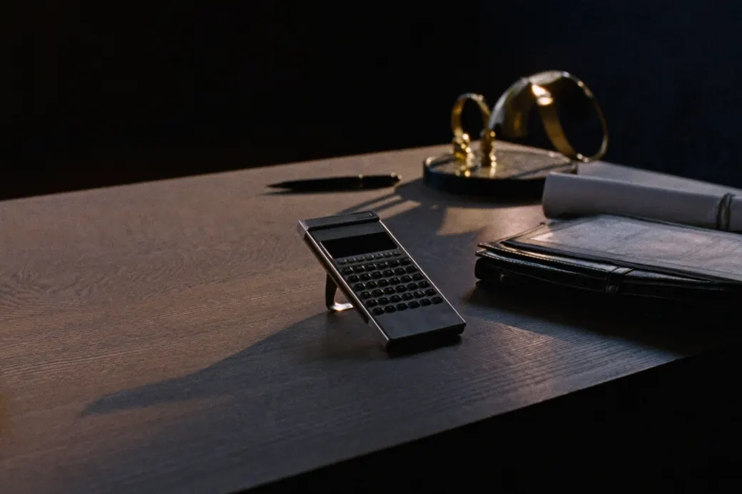 Mesa de trabalho com calculadora, pasta fechada e planta enrolada em luz rasante
