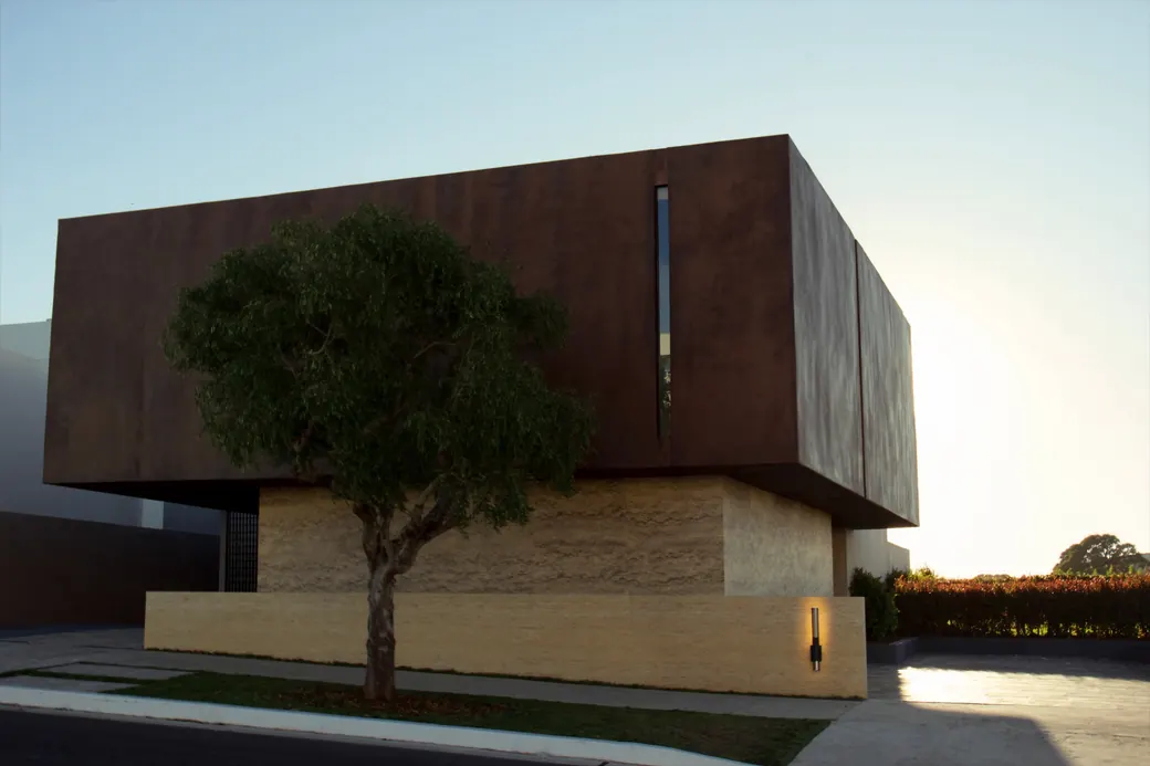 Fachada de casa contemporânea de alto padrão em luz de fim de tarde